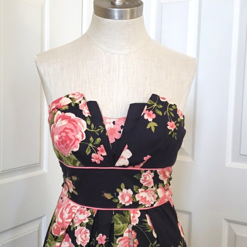Vintage 90's Strapless Black Coral Pink Floral Dress Romantic Cottagecore | XS - Picture 6 of 12